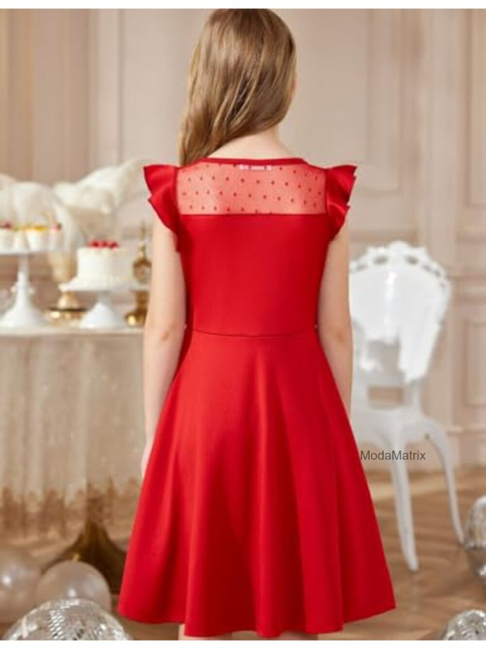 Girls Formal Party Wedding Dress Ruffle Sleeve A-Line Mesh with Pockets - Picture 3 of 6